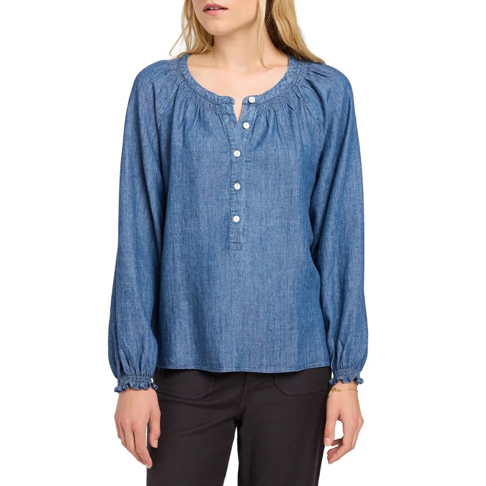 Faherty Linen Blend Smocked Peasant Blouse Denim Blue L Beach Boho‎ *FLAW READ